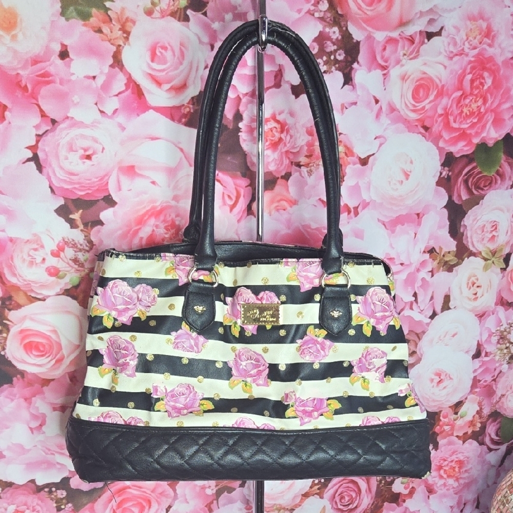 BETSEY JOHNSON Luv Betsey Floral Striped Womens Bag, pink, cream, black, used